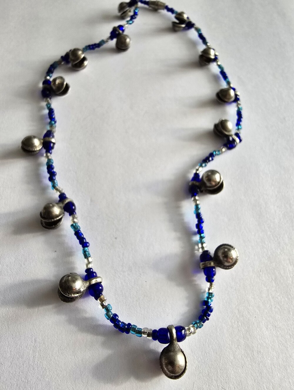Jingly bells necklace 16" blue silver tone beaded bead choker chocker